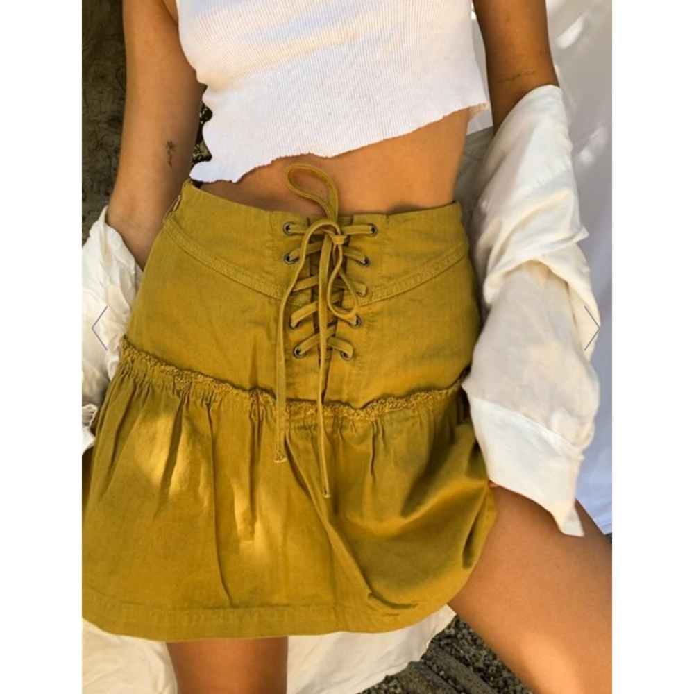 Free People Olive Green Positano Tie Denim Mini Skirt Size 2 EUC